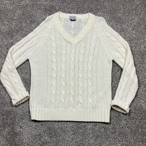 Vintage Izod Lacoste Sweater‎ Adult Large White Cable Knit Pullover V Neck 80s